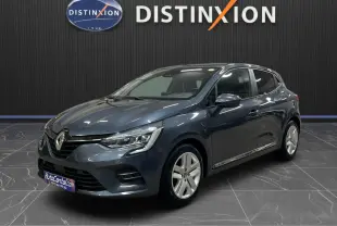 Renault Clio V Business gris titanium vue 3/4 avant droit, avec jantes alliage et calandre distinctive.