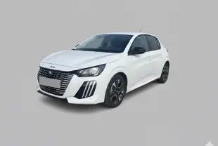 Peugeot 208 Hybrid 110 e-DCS6 Allure blanc vue 3/4 avant avec calandre noire et jantes foncées.