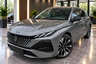 Vue 3/4 avant droit d'une Peugeot 408 gris sélénite avec calandre verticale distinctive et jantes noires et argentées.