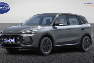 Vue 3/4 avant droite du MG ZS 2025 gris Hampstead avec calandre noire et jantes acier 16 pouces.