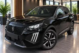Peugeot 2008 noir perla en 3/4 avant droit, avec calandre distinctive et feux LED verticaux allumés.