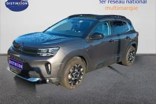 Citroën C5 Aircross gris platinium métal en 3/4 avant droit, avec jantes alliage et toit noir contrasté.