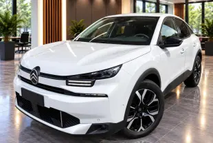 Vue 3/4 avant d'une Citroën C4 2025 blanc okenite, avec phares LED et jantes alliage noires distinctives.
