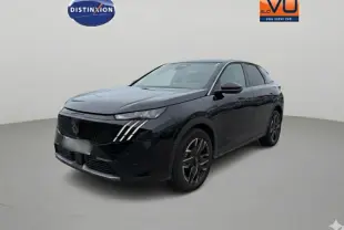 Peugeot 3008 Hybrid noir en 3/4 avant droit, avec jantes alliage 19 pouces et feux LED distinctifs en griffes.