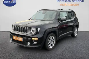 Jeep Renegade noir vu en 3/4 avant droit avec calandre distinctive et jantes argentées.