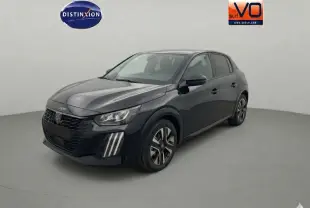 Peugeot 208 Hybrid noir vue 3/4 avant droit, jantes alliage 16 pouces et feux diurnes à LED distinctifs.