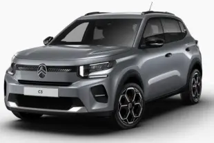 Citroën C3 hybride gris foncé vue 3/4 avant droit avec phares LED et jantes noires à motifs géométriques.