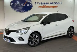 Renault Clio Business blanc vue 3/4 avant droit, jantes alliage noires et rétroviseurs noirs contrastants.