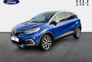 Renault Captur 1.3 TCe 150ch S-Edition 2018 en bleu Iron, vue 3/4 avant droit avec jantes alu et toit gris.