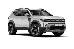 SUV Dacia Duster Extreme Hybrid blanc en 3/4 avant droit avec calandre distinctive et jantes noires bicolores.