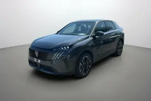 Peugeot 3008 New Hybrid gris titane avec toit noir, vue 3/4 avant mettant en valeur ses jantes alu 19 pouces.