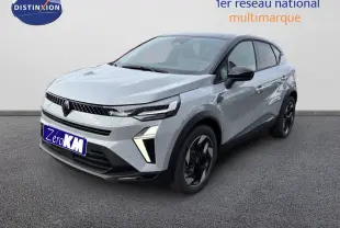 Renault Captur II hybride gris Rafale métal avec toit noir, vue 3/4 avant mettant en valeur les phares LED distinctifs.